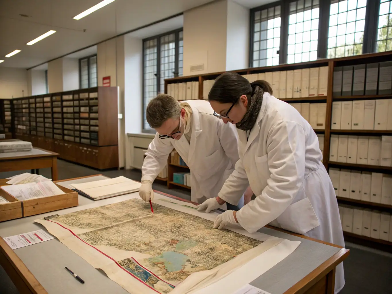 An image of researchers working with historical documents and archives, emphasizing the organization's support for research and preservation of cultural heritage.