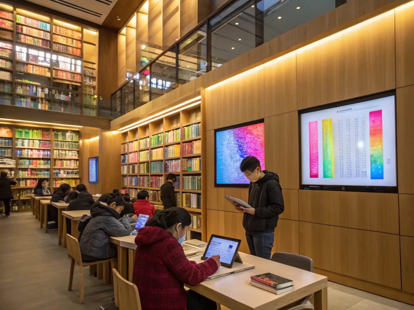 A vibrant community library scene with people of all ages reading and interacting with books and digital resources, showcasing the library's role as a hub for learning and community engagement.