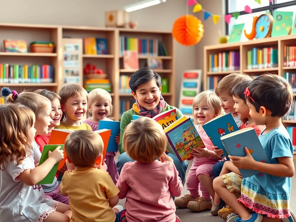 A vibrant image depicting a group of children participating in a storytelling session at the CENTRE JOSEPH CANTELOUBE library, showcasing the organization's commitment to early childhood education and literacy.