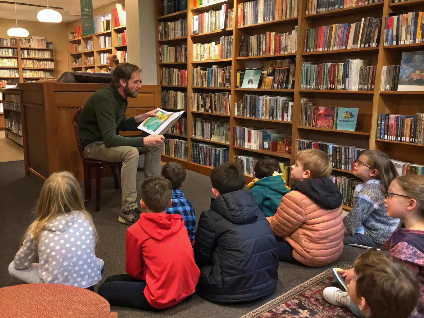 A vibrant image depicting a group of people participating in a storytelling session at the library, with books and smiling faces visible, symbolizing community engagement and the joy of reading.