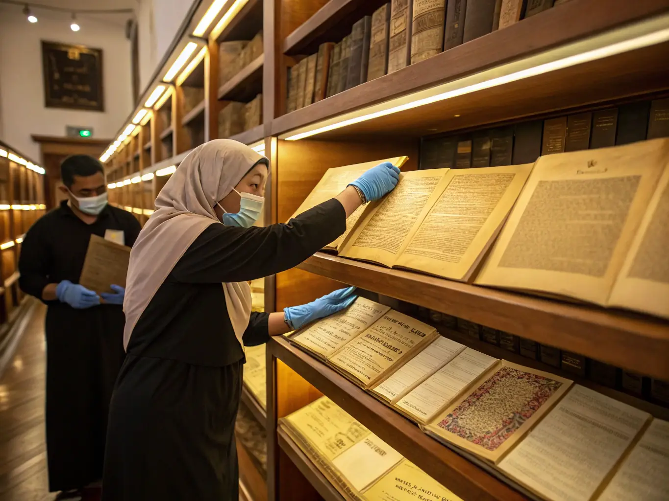A photograph of a historical archive being preserved, with gloved hands carefully handling old documents, emphasizing the organization's dedication to preserving cultural heritage.