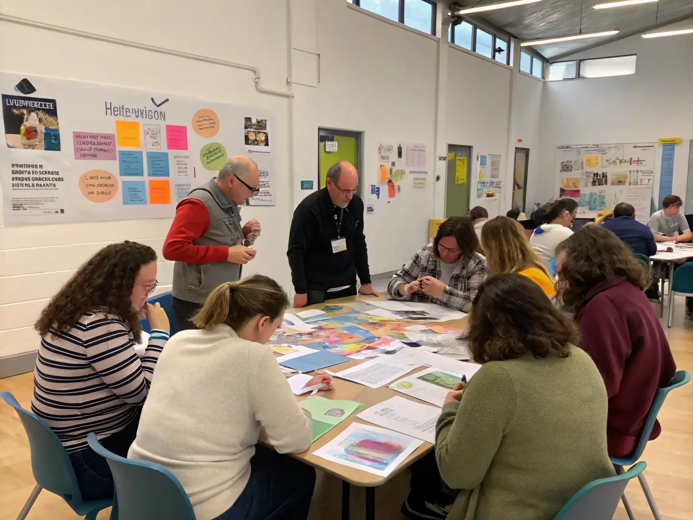 A photograph of people of different ages participating in a workshop at CENTRE JOSEPH CANTELOUBE, showcasing hands-on learning and community engagement.