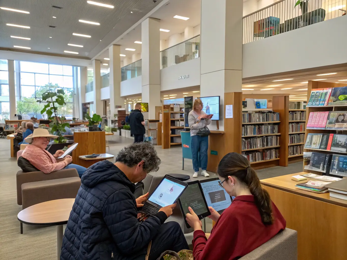 A photograph of children and adults using computers and accessing digital resources in the library, highlighting the digital inclusion program.