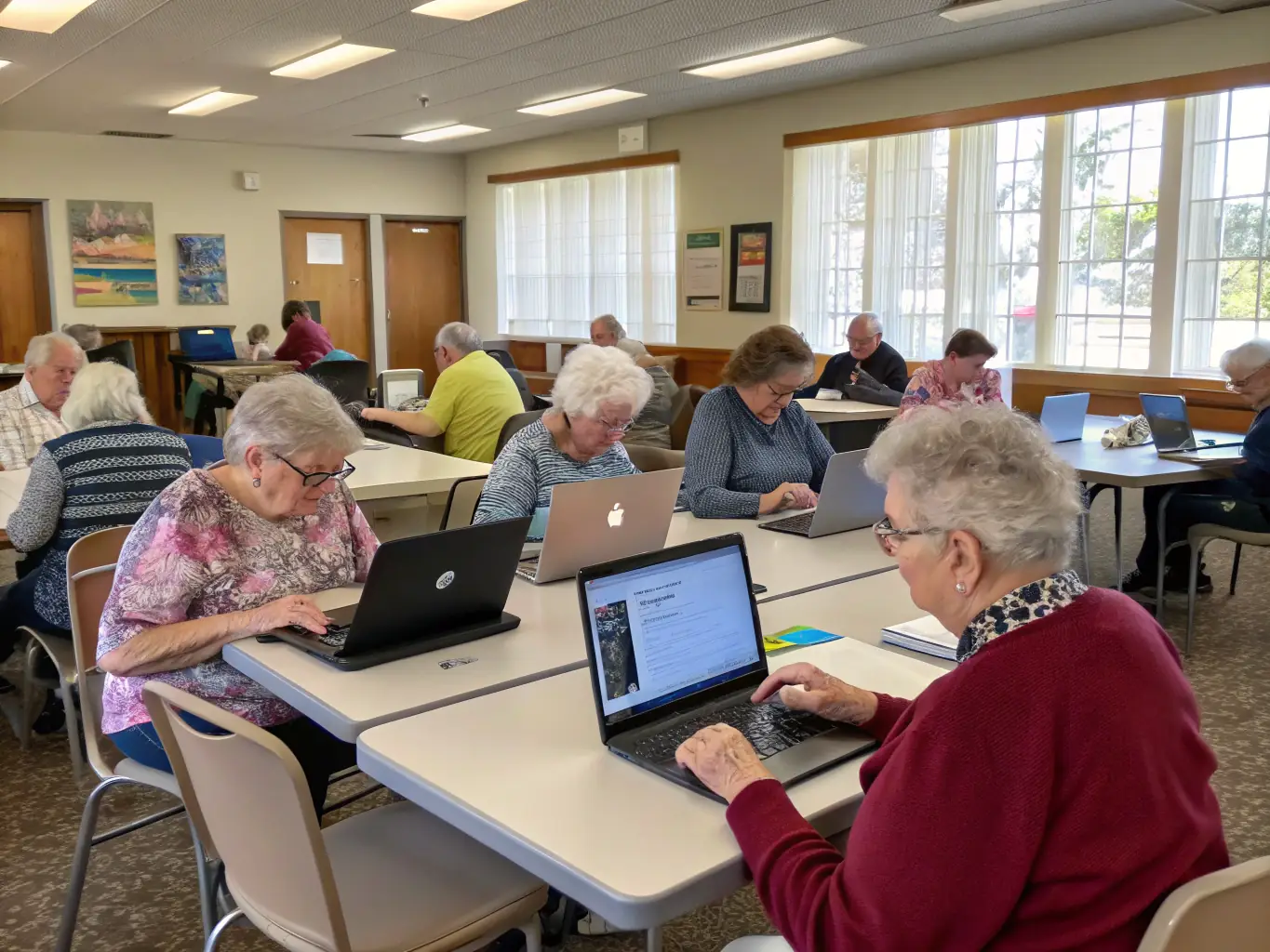 An image showcasing a workshop on digital literacy, with participants learning how to use computers and access online resources, highlighting the organization's commitment to bridging the digital divide.