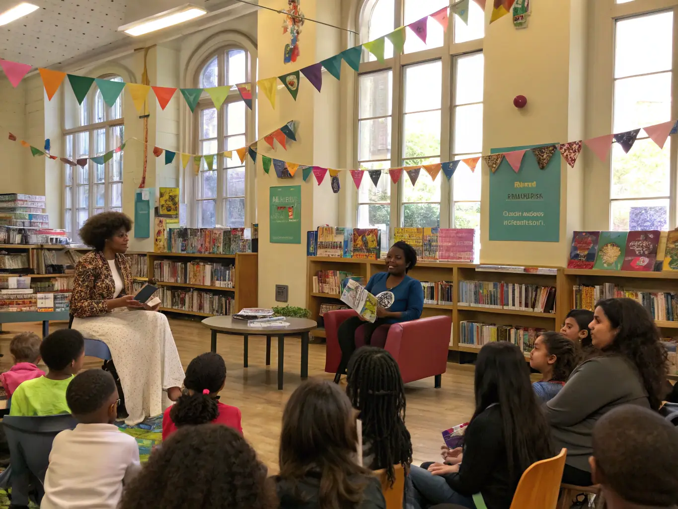 A photograph of a community library event with people browsing books and participating in a reading session, emphasizing the importance of literacy and community engagement.